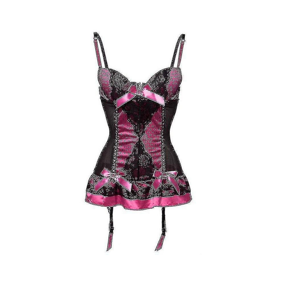 (1107Rose Xxxl) Plus Size Corset Lingerie Lace Floral Transparent Padded Cup Corsets Straps Underwear Bowknot Corset Bustiers With Suspenders Red