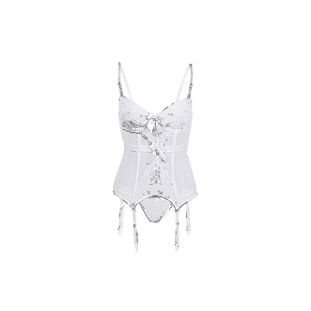 (, 4XL) Plus Size Corset Lingerie Lace Floral Transparent Padded Cup Corsets Straps Underwear Bowknot Corset Bustiers With Suspenders White