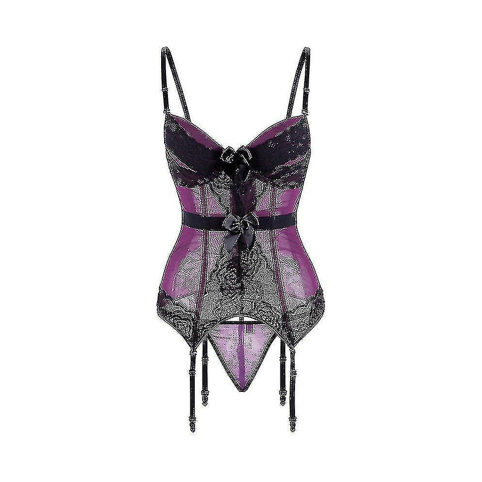 (, Xxxl) Plus Size Corset Lingerie Lace Floral Transparent Padded Cup Corsets Straps Underwear Bowknot Corset Bustiers With Suspenders Purple