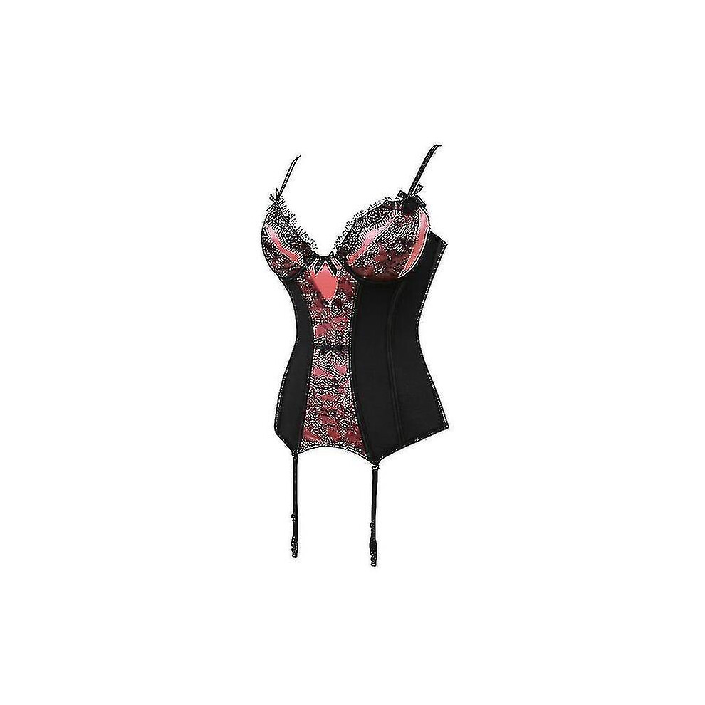 (1136 4XL) Plus Size Corset Lingerie Lace Floral Transparent Padded Cup Corsets Straps Underwear Bowknot Corset Bustiers With Suspenders Red