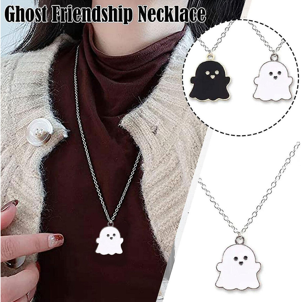 Cute Cartoon Ghost Friendship Couple Pendant Necklaces, Black And White Ghost Necklaces Couples Friendship For Best Friend Lovely Women Necklaces Jewe White,Black