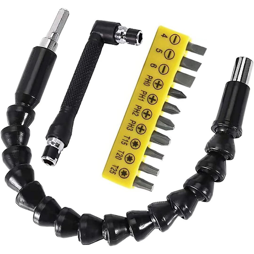 Flexible Drill Bit Extension Kit, 11.7inch Bendable Flexible Extension Bit, 10pcs Screwdriver Bit Set And 90 Right Angle Screwdriver Bits Soft Shaft F