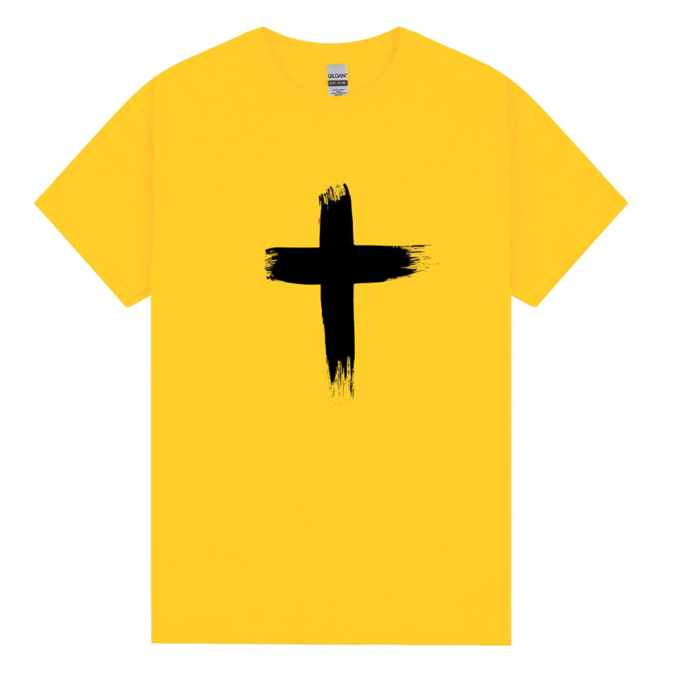 (2XL) Faith Jesus Cross Christian Christ Religion T-Shirt Daisy Yellow Tee Tops Mens