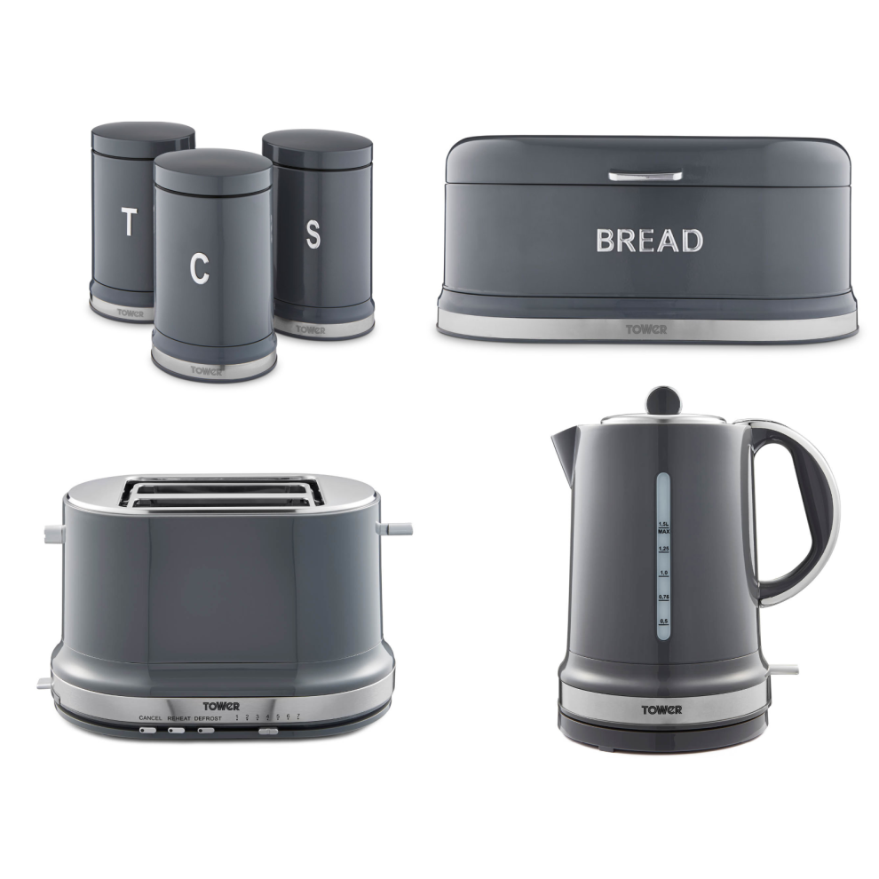 Tower Belle Kettle Toaster Bread Bin & Canisters Graphite Grey Set