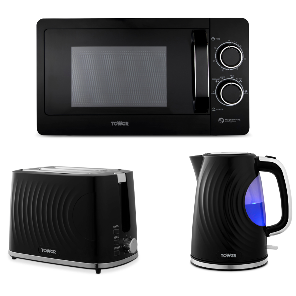 Tower Sonar Black Kettle, 2 Slice Toaster & 800W 20L Microwave Set