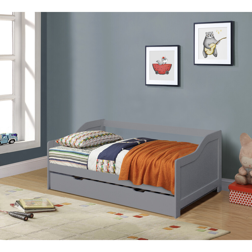 (Grey, With 1 x Lucy Mattress) 3ft Wooden Trundle Bed, Grey, White or Caramel