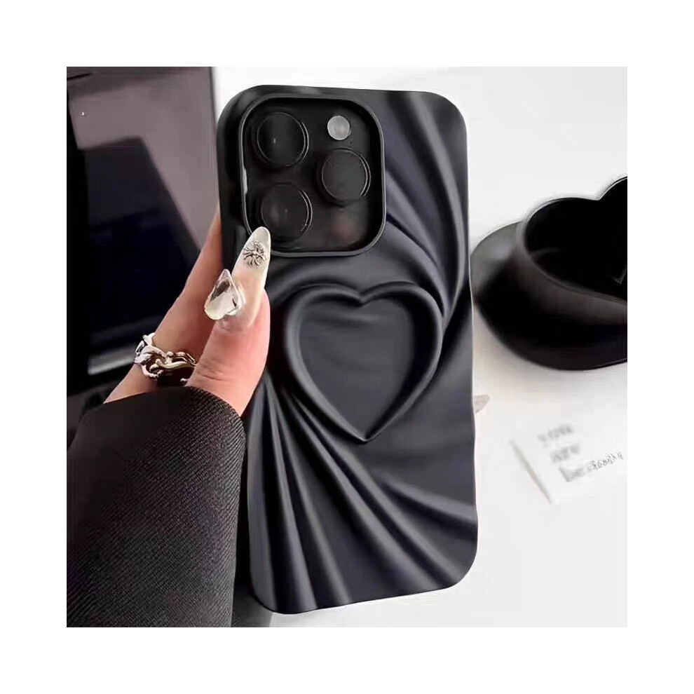 (, For Iphone 14) Fold Wrinkle 3D Love Heart Silicone Phone Case For Iphone 15 14 13 12 11 Black 8027202840489