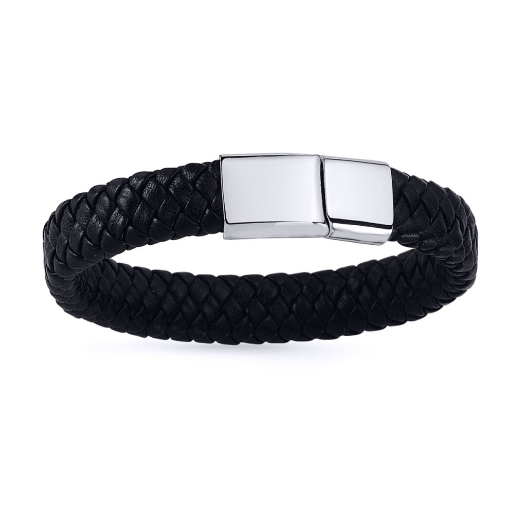 Jewelco London Mens Rhodium Plated Stainless Steel Black Leather Platted Cuff Bracelet 12mm - BRC45