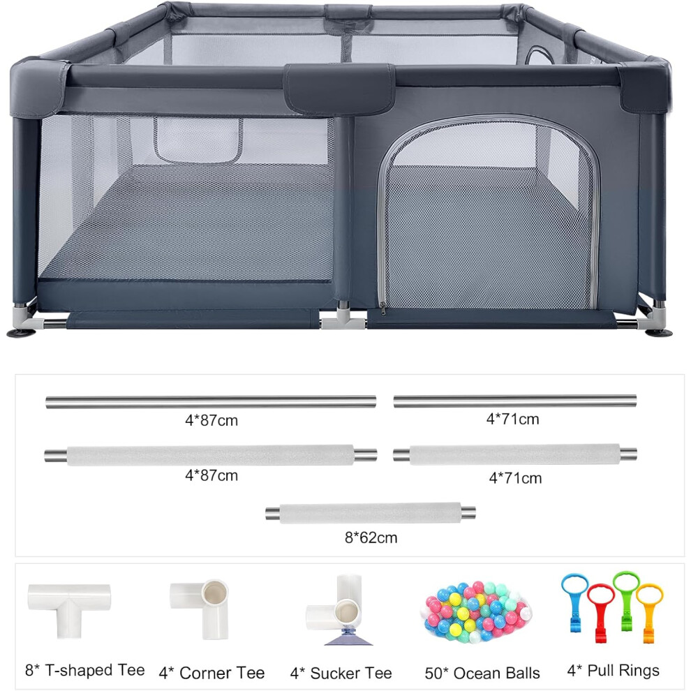 (Grey 180x150cm) Supernic Baby Playpen with Mesh Walls Ocean Balls
