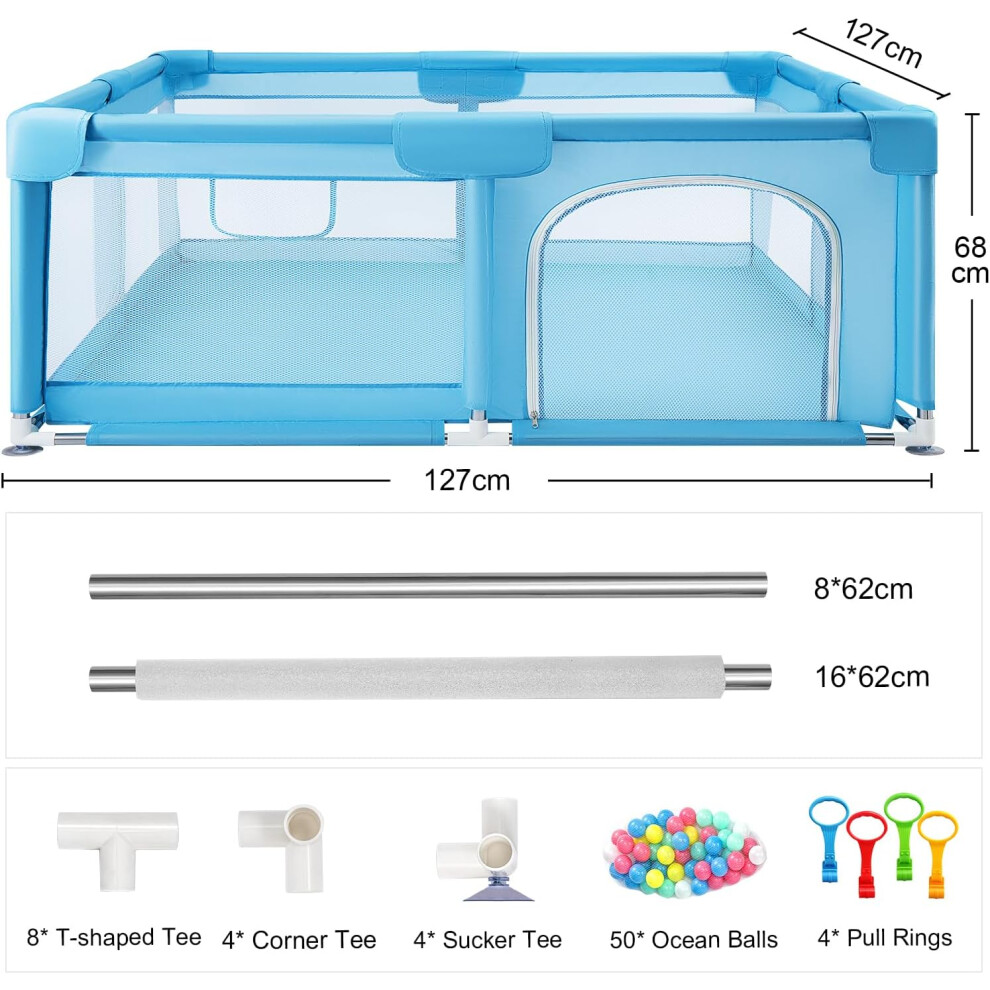 (Blue 127x127cm) Baby Playpen with Mesh Walls Ocean Balls