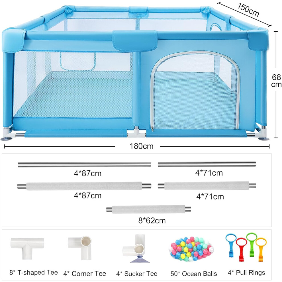 (Blue 180x150cm) Baby Playpen with Mesh Walls Ocean Balls