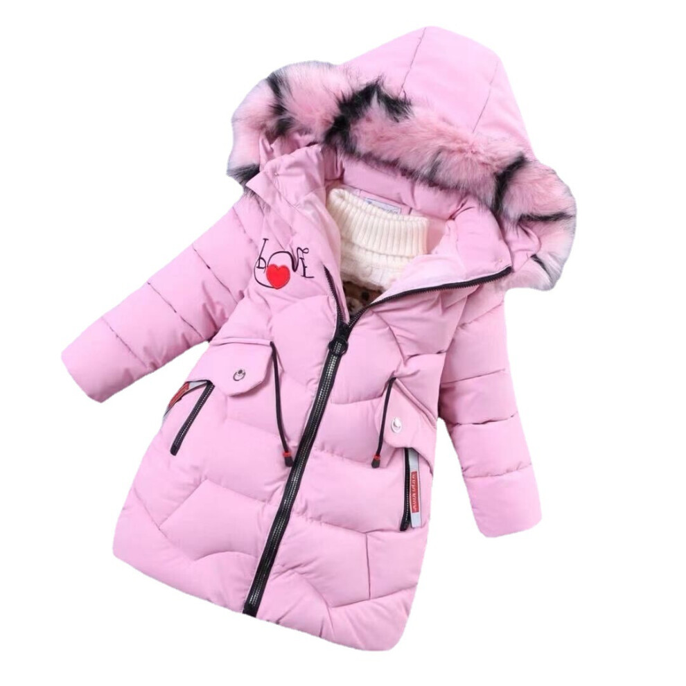 (Pink, 7-8Years) Kids Girl Love Coat Fur Hooded Parka Jacket Warm