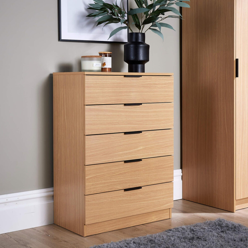 (Oak) Home Source Phoenix Chest of 5 Drawers Bedroom Storage Unit