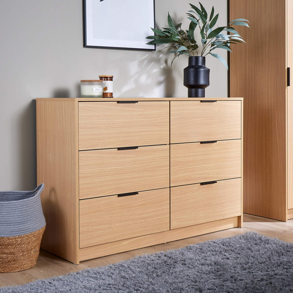 Phoenix Wide Chest of 6 Drawers Bedroom Storage Unit - Oak
