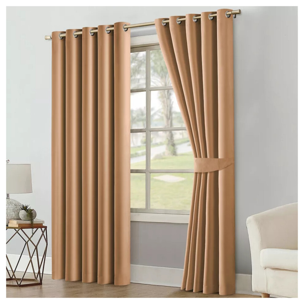 (Beige - 260 Gsm, 46" x 54") Blackout Eyelet Curtains Thermal Ready Made Ring Top