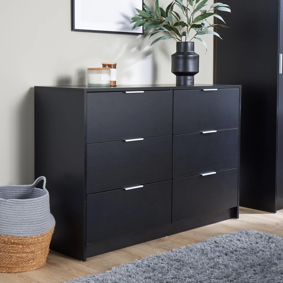 Home Source Phoenix 6-Drawer Wide Chest Of Drawers - 120X40x80 Cm, Oak Finish, 3+3 Side-By-Side With Silent-Glide Runners Black