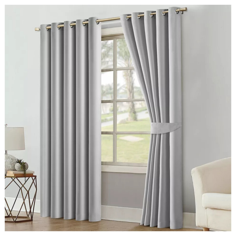 (Silver - 260 Gsm, 46" x 54") Blackout Eyelet Curtains Thermal Ready Made Ring Top