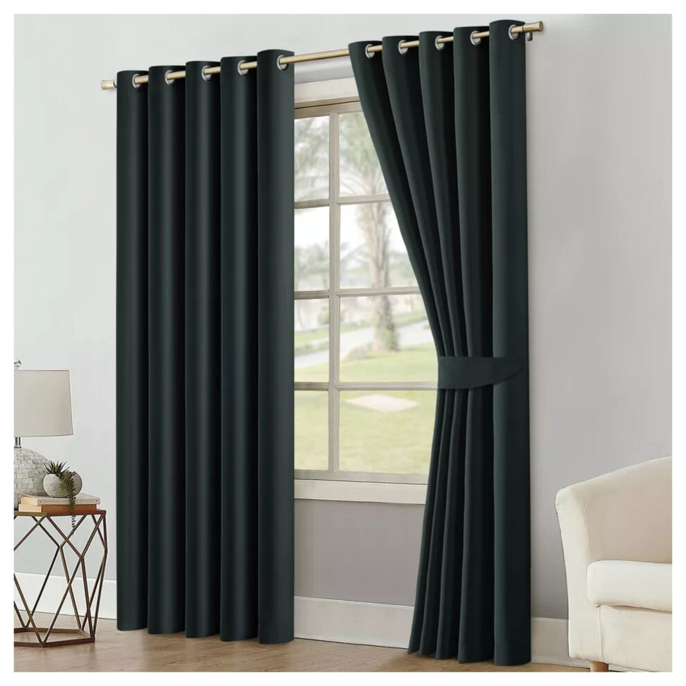 (Black - 260 Gsm, 66" x 54") Blackout Eyelet Curtains Thermal Ready Made Ring Top