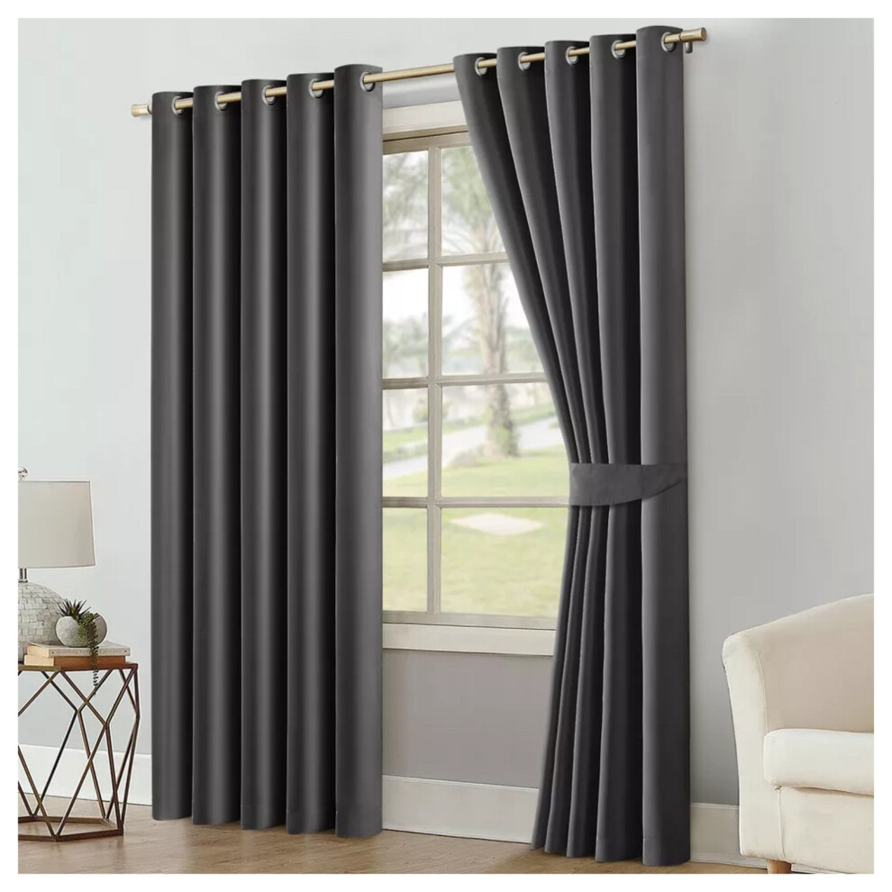 (Dark Grey - 260 Gsm, 46" x 54") Blackout Eyelet Curtains Thermal Ready Made Ring Top