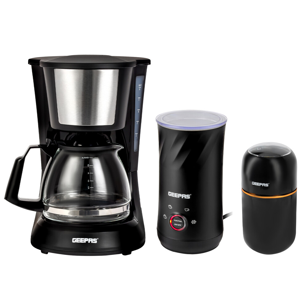 GEEPAS Coffee Machine, Grinder and 4 in 1 Frother and Steamer Combo