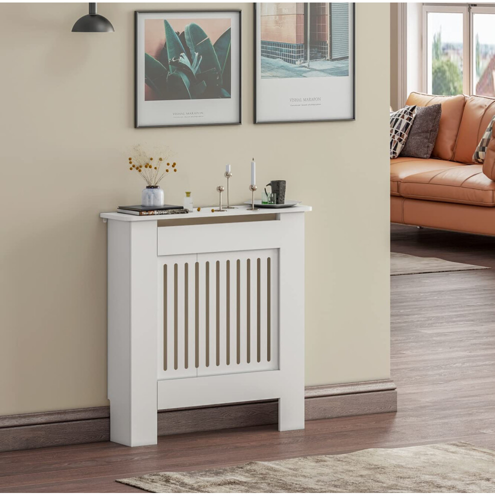 (Small, White) Radiator Cover White Modern MDF Vertical Slats Wood Decorative Cabinet for Living Room Bedroom Hallway