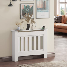 (Medium, White) Radiator Cover White Modern MDF Vertical Slats Wood Decorative Cabinet for Living Room Bedroom Hallway