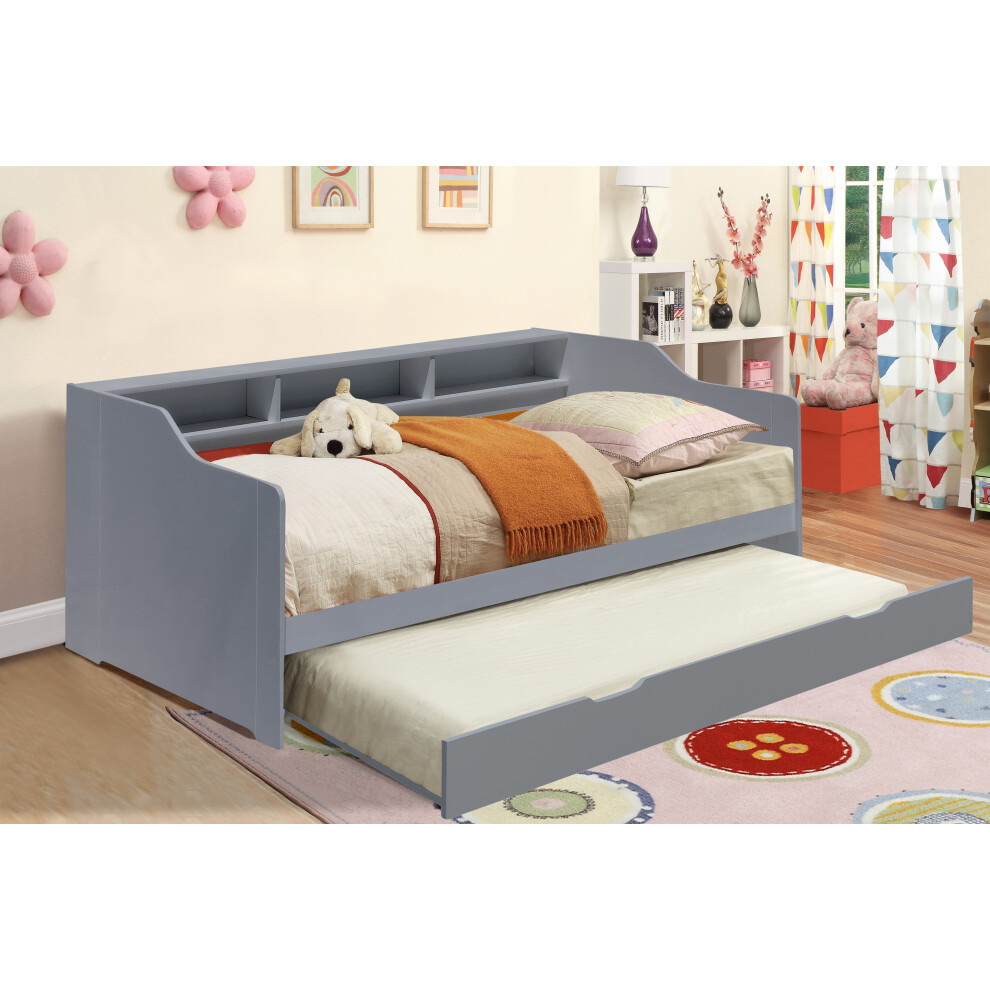 (Grey, No Mattress) 3ft Wooden Bed with Trundle, Grey, White or Caramel With Shelving