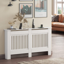 (Large, White) Radiator Cover White Modern MDF Vertical Slats Wood Decorative Cabinet for Living Room Bedroom Hallway