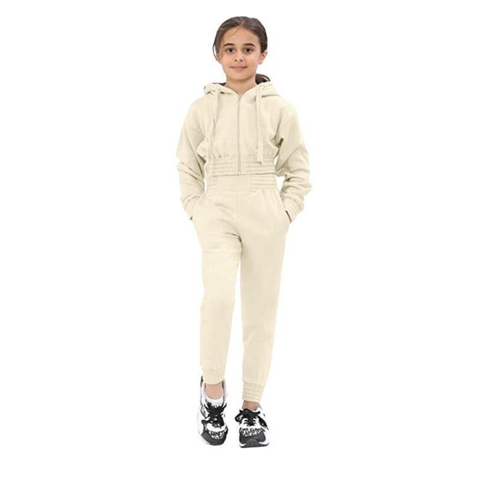 (11-12 Years, Cream) 2 Pcs Girls Kids Crop Hoodie Tracksuit Set Top Joggers Jogging Suit Lounge Wear