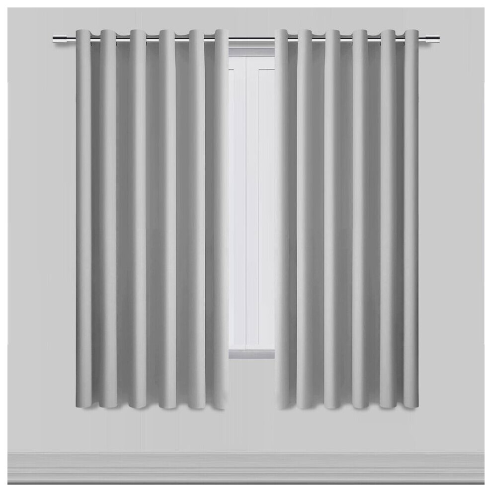(SILVER, 66" Width x 54" Drop) Thermal Blackout Eyelet Ring Top Curtains Pair + Tie Back