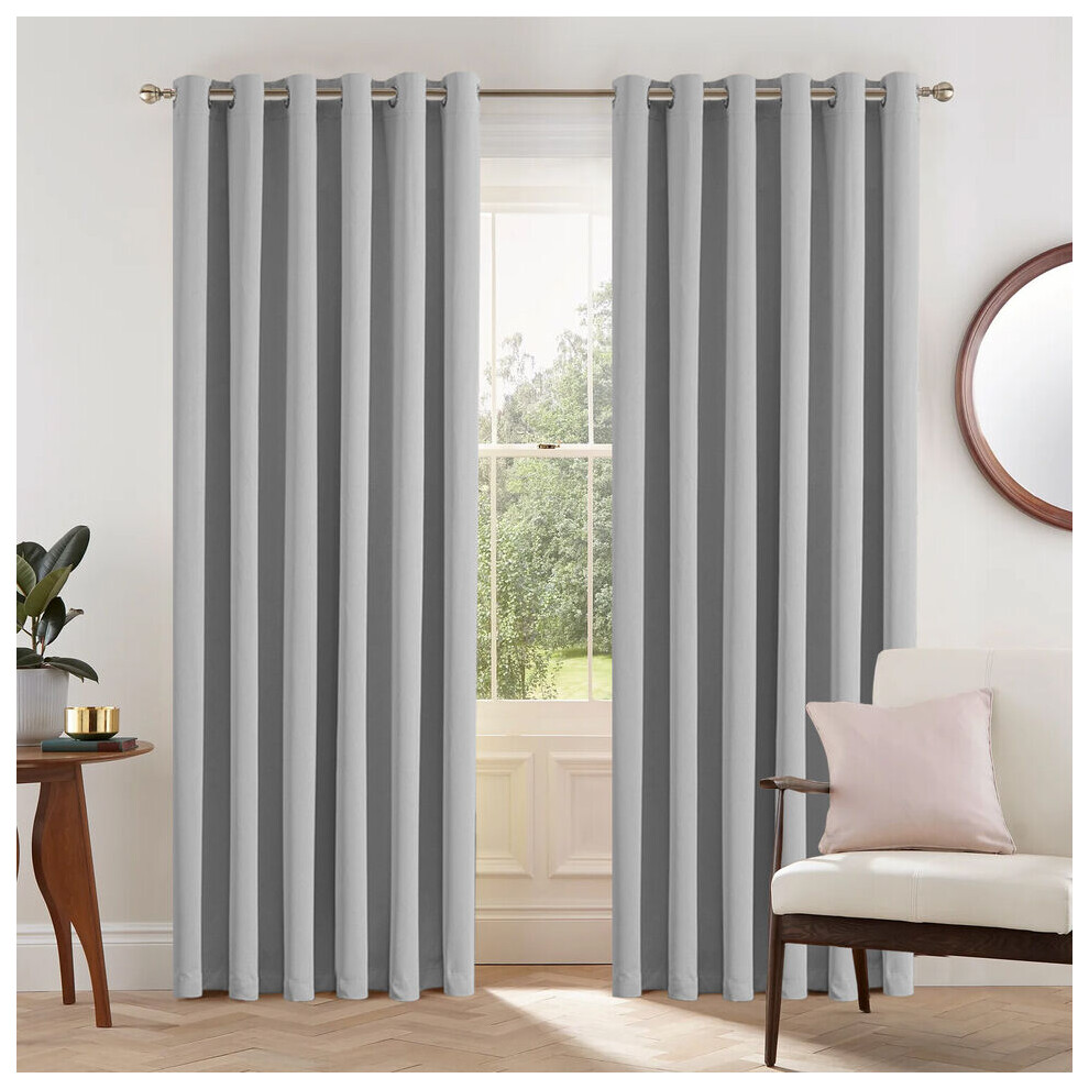 (SILVER, 66" Width x 90" Drop) Thermal Blackout Eyelet Ring Top Curtains Pair + Tie Back
