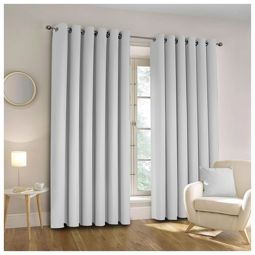 (SILVER, 90" Width x 90" Drop) Thermal Blackout Eyelet Ring Top Curtains Pair + Tie Back