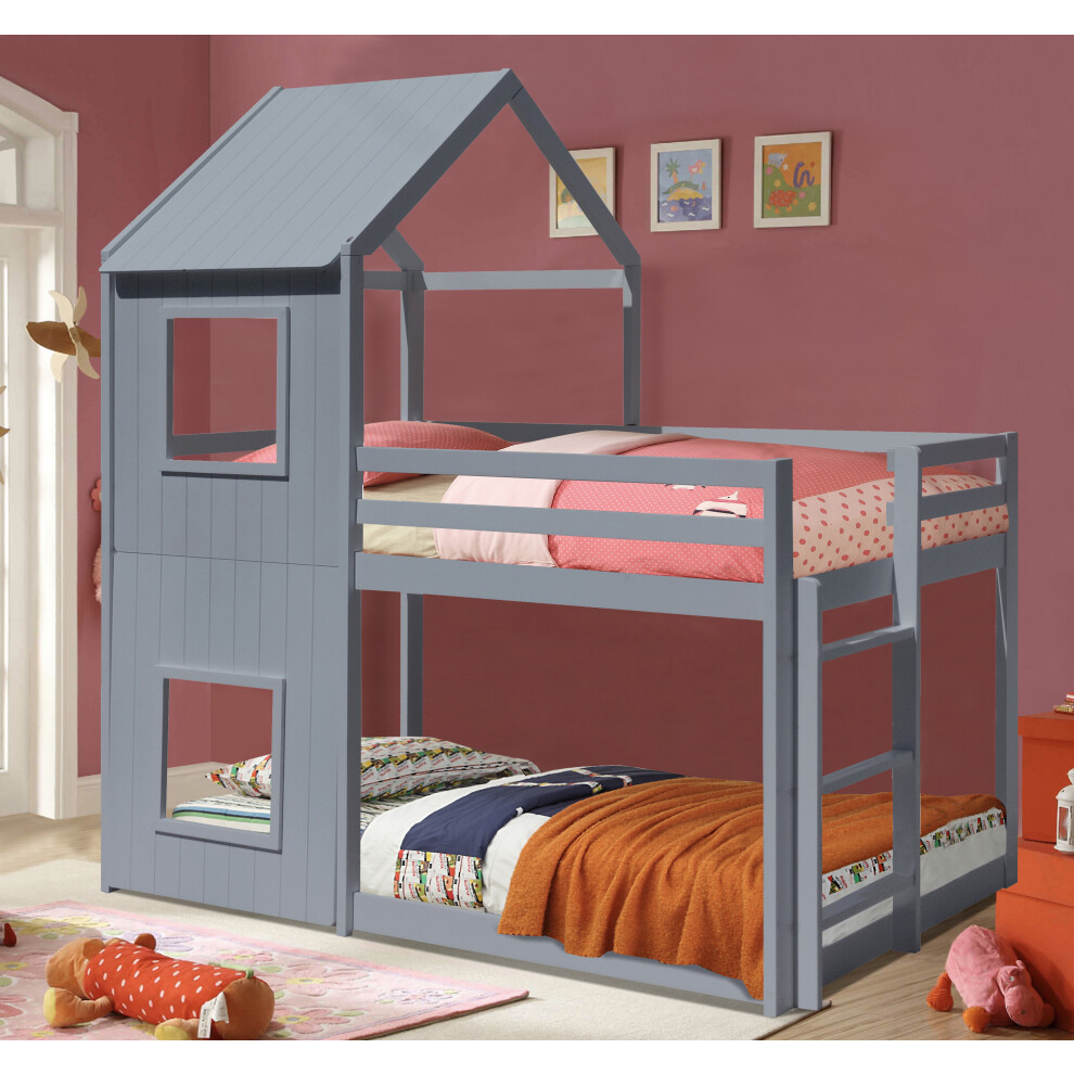 (Grey, No Mattress) 3ft Wooden House Bunk Bed in Grey White Or Caramel