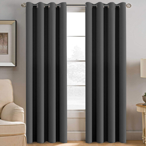 (GREY, 66" Width x 54" Drop) Ready Made Eyelet Silver & Grey Blackout Curtains