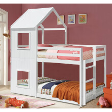 (White, With 2 x Kerri Mattresses) 3ft Wooden House Bunk Bed in Grey White Or Caramel