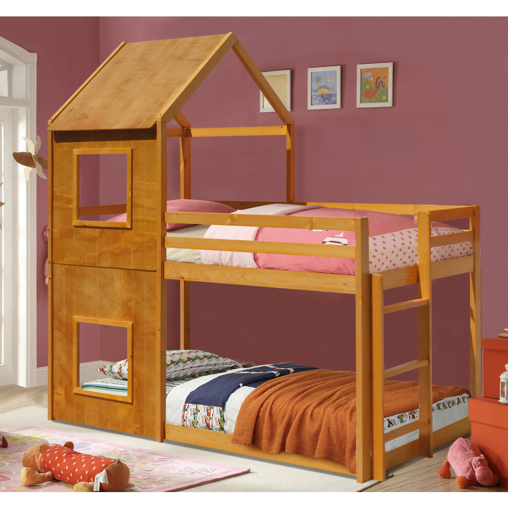 (Caramel, With 1 x Tanya Mattress) 3ft Wooden House Bunk Bed in Grey White Or Caramel