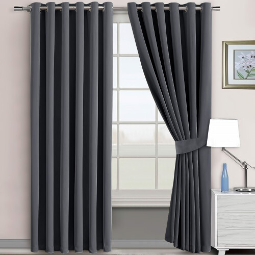 (GREY, 90" Width x 90" Drop) Ready Made Eyelet Silver & Grey Blackout Curtains 2