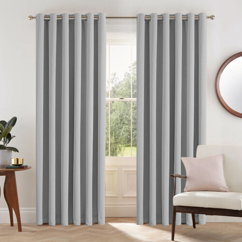 (SILVER, 66" Width x 90" Drop) Ready Made Eyelet Silver & Grey Blackout Curtains 2