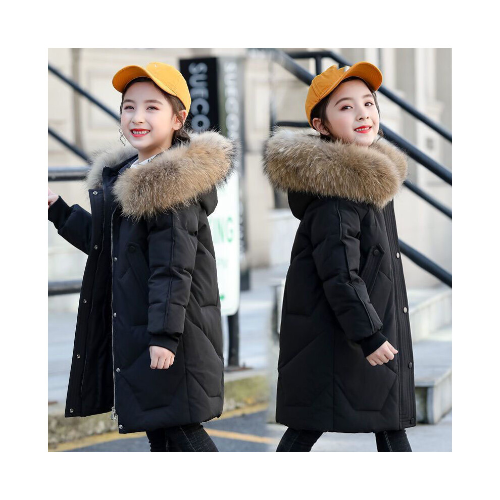 (Black, 9-10Years) Kids Girl Coat Fur Hooded Parka Jacket Warm Winter