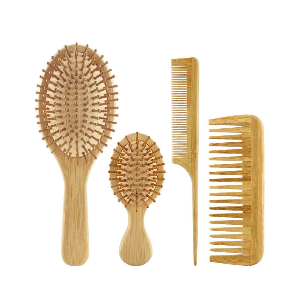 Yohou 4 Piece Bamboo Hairbrush And Comb Set With Paddle For Detangling Hairbrushes