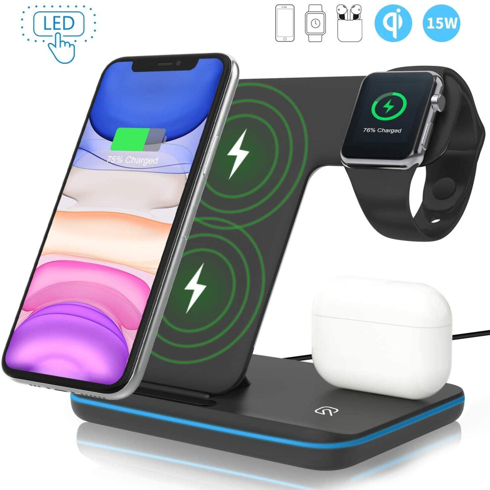 Wireless Charger, 3 In 1 Qi 15W Fast Charging Stand With Qc3.0 Adapter Compatible With Iphone Iwatch Airpods 9379360715024