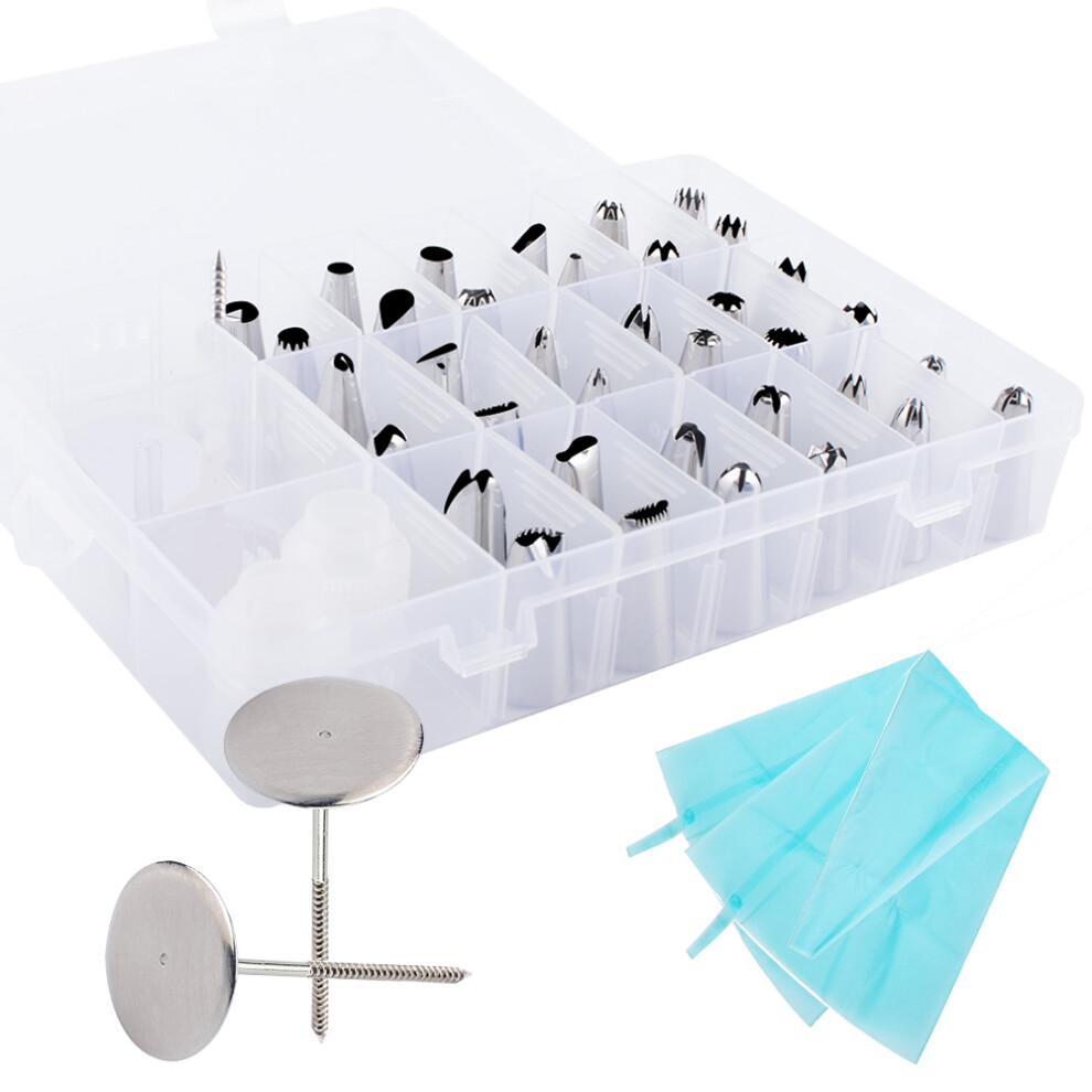 Set of 42 cake tins, 36 nozzles, 2 silicone piping bags, 2 flower nails