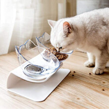 15° Tilt Raised Cat Food Bowl with Pet Silicone Mat, Double High Clear Plastic Cat Bowl with Stand, Pressure Reducing Set