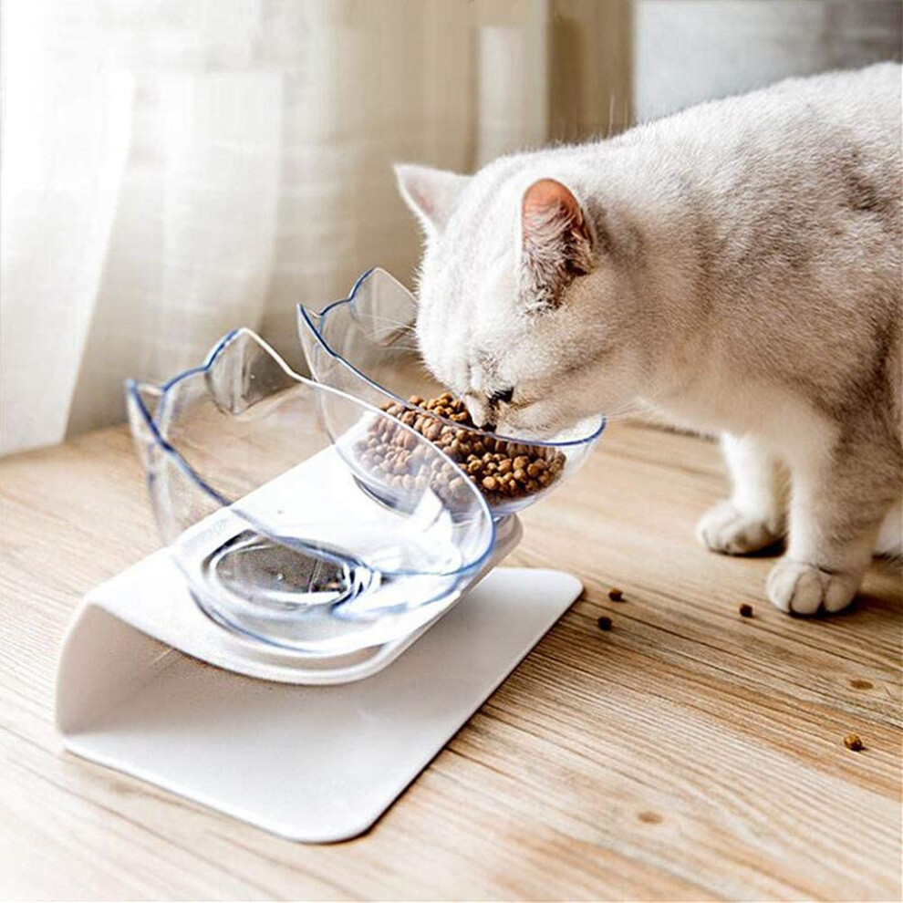 15Â° Tilt Raised Cat Food Bowl with Pet Silicone Mat, Double High Clear Plastic Cat Bowl with Stand, Pressure Reducing Set