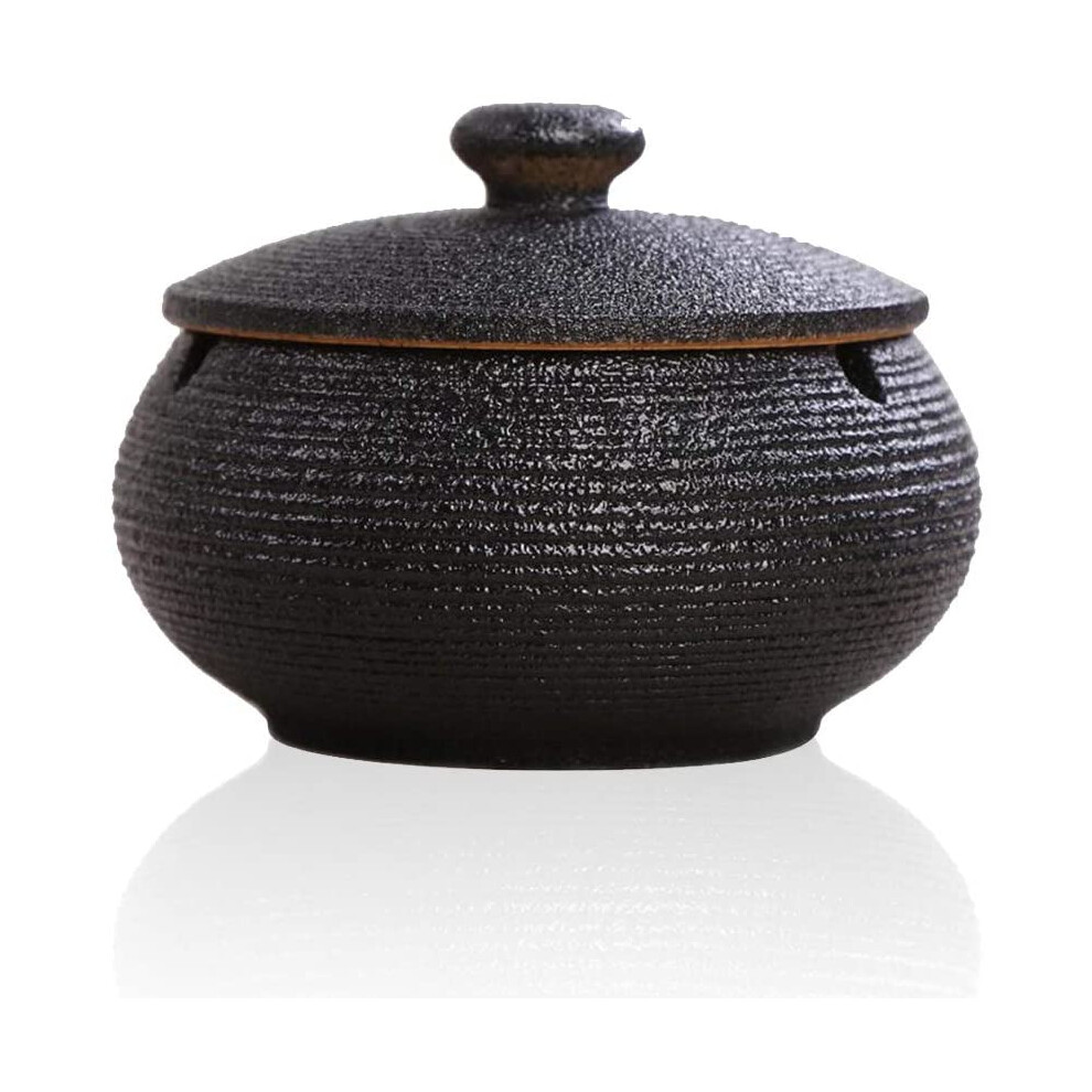 Ceramic Ashtray With Lid Windproof Cigarette Ashtray Indoor Outdoor Ashtray For Smoking - Black-image-OPC-PFBJTQX-NEW