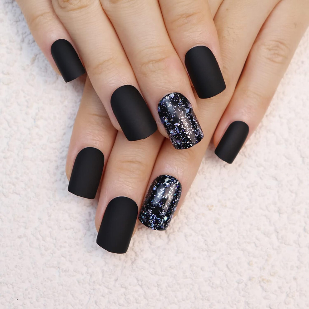 Yohou Black Matte Square Press On Nails, Full Cover False Nails With Glue, 24Pcs