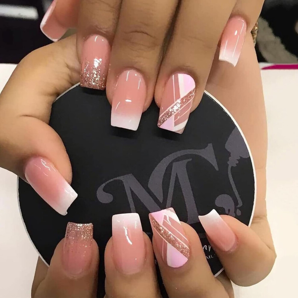 Yohou 24Pcs Press On Nails Short Square Fake Nails Full Cover Stick On Nails Short French False Nails