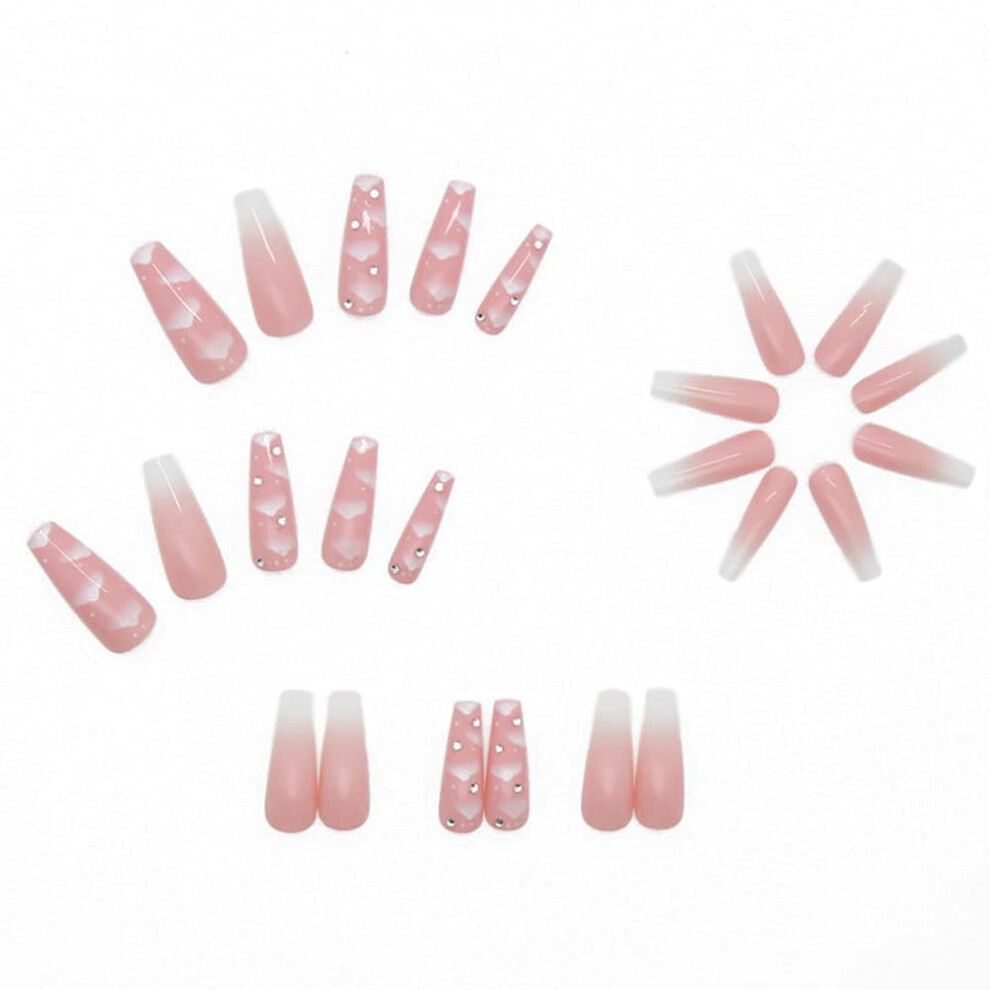 Yohou Clouds Fake Nails Luxury Pink Press On Rhinestone Nails Long Coffin Shiny Acrylic Fake Nails