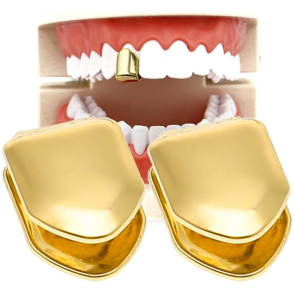 2 Pieces 14K Plated Gold  Mouth Teeth,  Teeth Plain , Top Tooth Single Grill Cap for Teeth Mouth