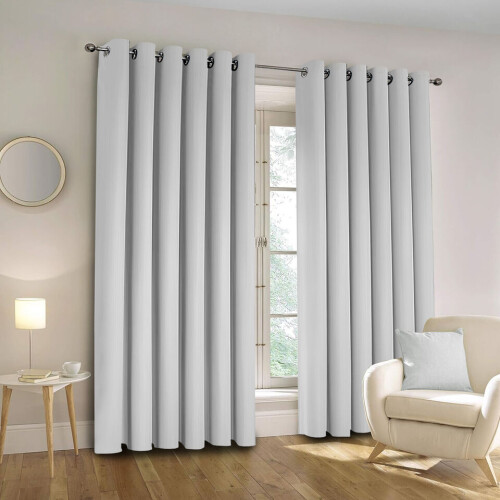 (Silver, 90" width x 90" drop - 228cm width x 228cm drop.) Thermal Blackout Plain Eyelet Ring Top Curtains